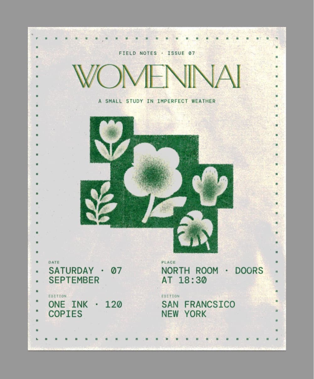 An editorial Women in AI poster with a grid of dithered botanical illustrations.