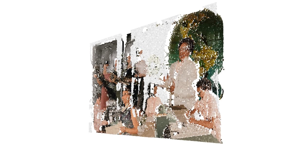 An archival event photograph reconstructed as a sparse three-dimensional point cloud.