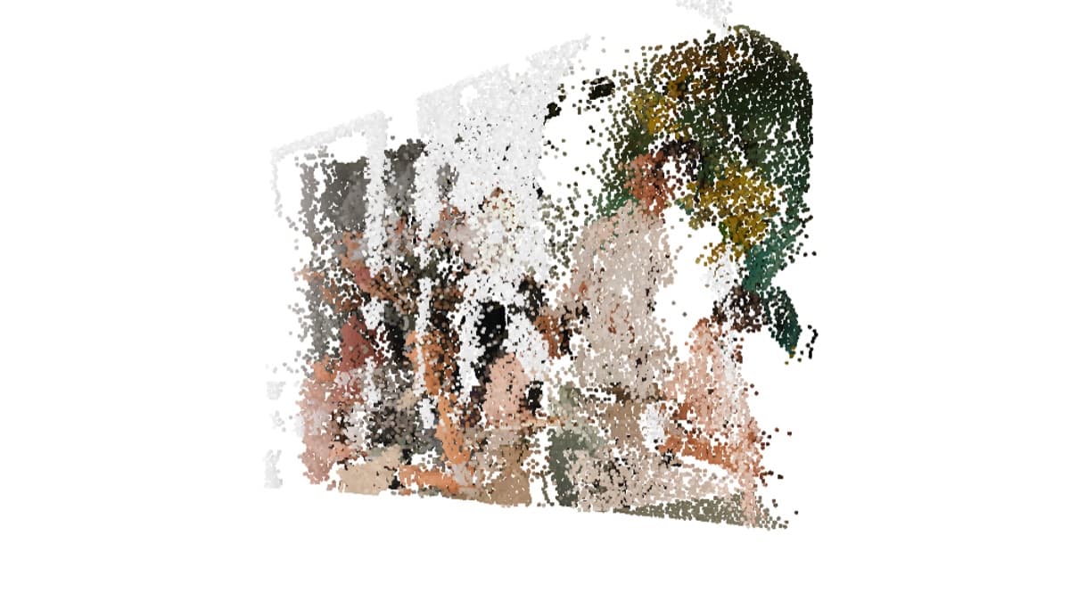 An archival event photograph reconstructed as a denser three-dimensional point cloud.
